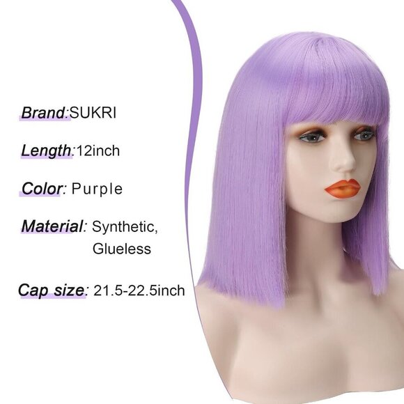 💫 Women Purple Short Bob Wigs Straight Bangs Lavender Synthetic Colorful Hair - Picture 6 of 6